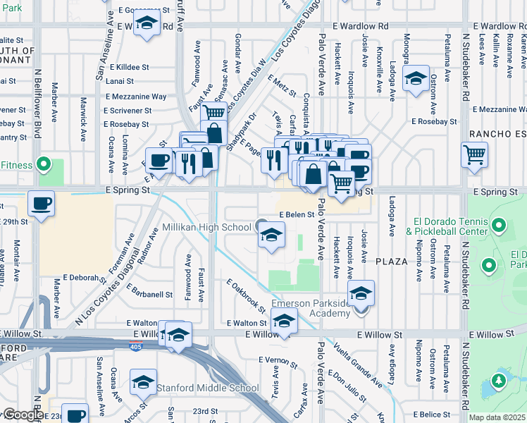map of restaurants, bars, coffee shops, grocery stores, and more near 2966 Snowden Avenue in Long Beach