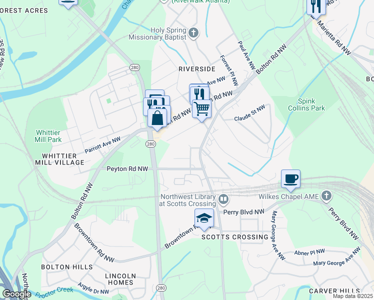 map of restaurants, bars, coffee shops, grocery stores, and more near 1988 Hollywood Road Northwest in Atlanta