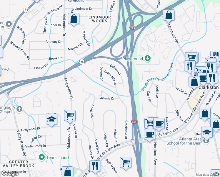 map of restaurants, bars, coffee shops, grocery stores, and more near 1030 Deleon Drive in Clarkston