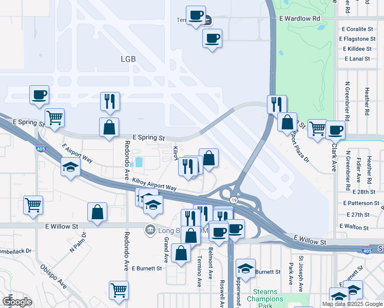 map of restaurants, bars, coffee shops, grocery stores, and more near 3780 Kilroy Airport Way in Long Beach