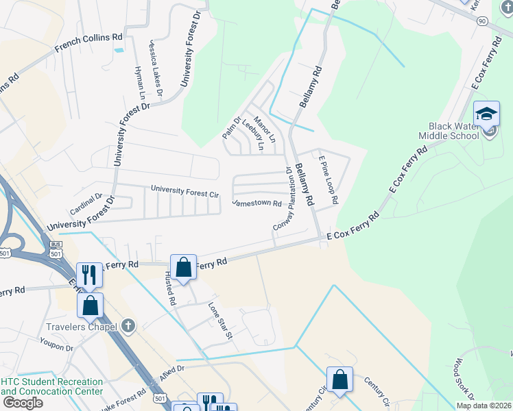 map of restaurants, bars, coffee shops, grocery stores, and more near 986 Jamestown Road in Conway