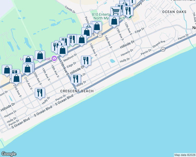 map of restaurants, bars, coffee shops, grocery stores, and more near 1510 Holly Drive in North Myrtle Beach