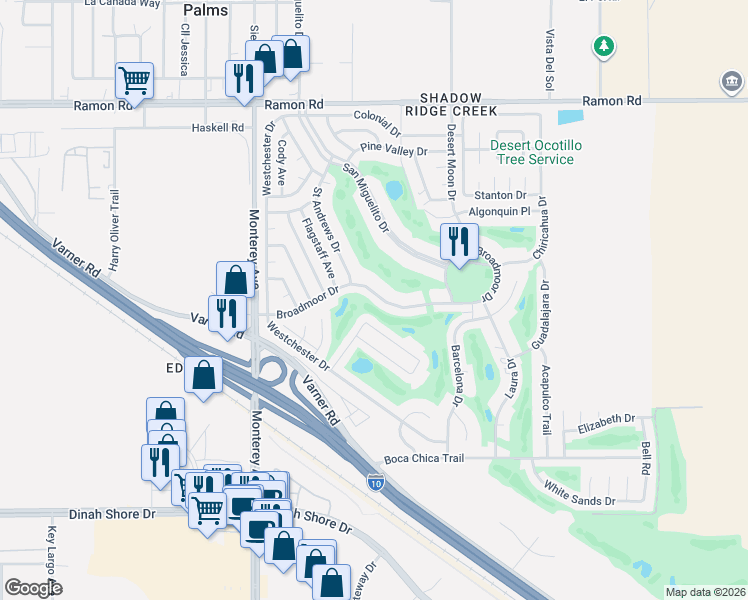 map of restaurants, bars, coffee shops, grocery stores, and more near 73301 Broadmoor Drive in Thousand Palms