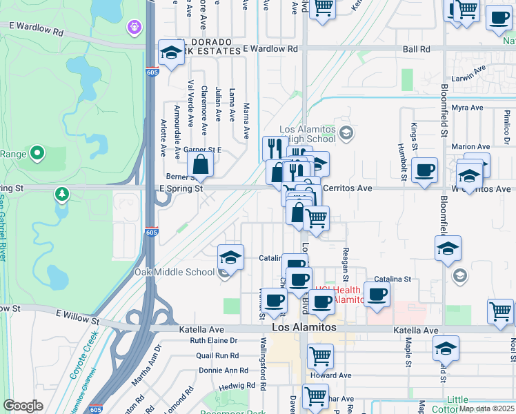 map of restaurants, bars, coffee shops, grocery stores, and more near 10572 Acorn Place in Los Alamitos