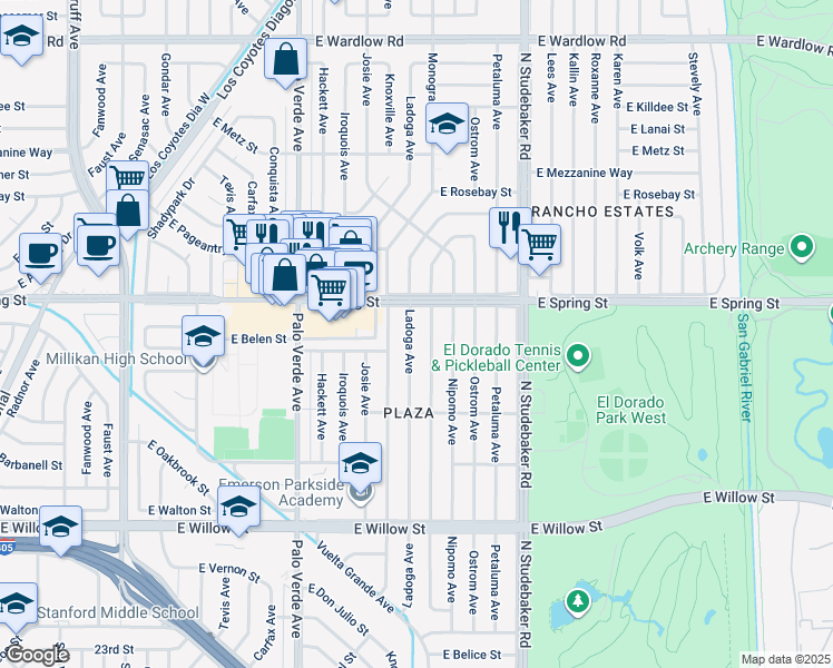 map of restaurants, bars, coffee shops, grocery stores, and more near 2928 Ladoga Avenue in Long Beach
