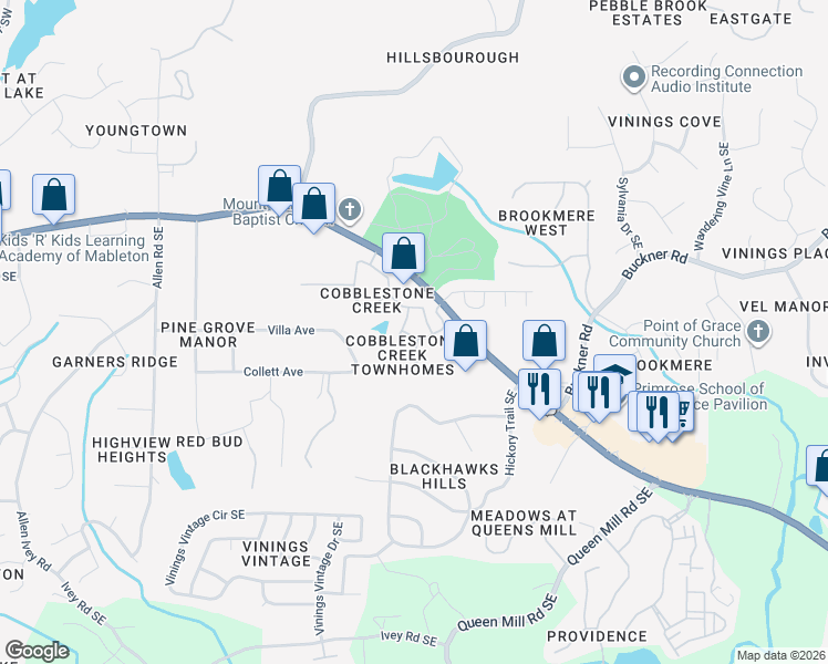 map of restaurants, bars, coffee shops, grocery stores, and more near 657 Cobblestone Creek Lane in Mableton