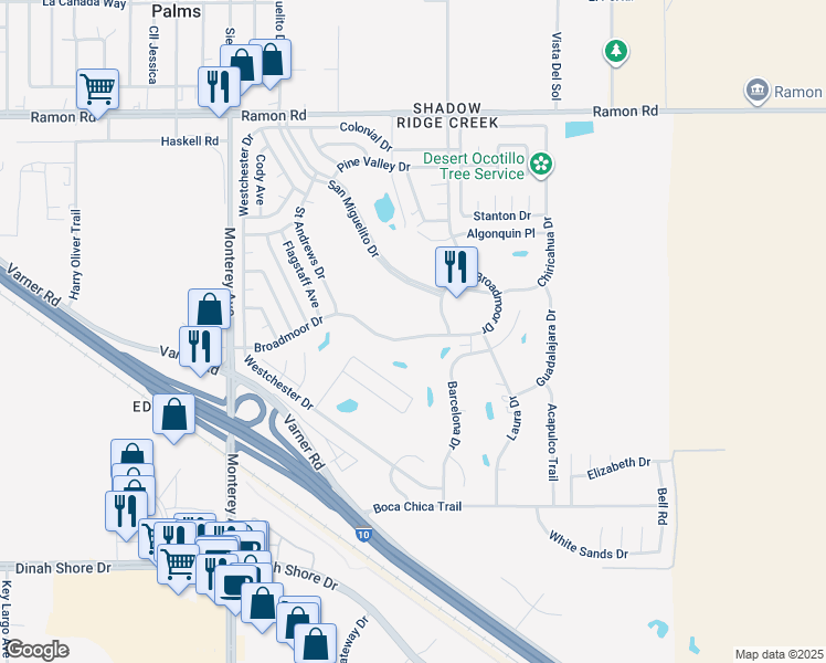 map of restaurants, bars, coffee shops, grocery stores, and more near 32701 San Miguelito Drive in Thousand Palms