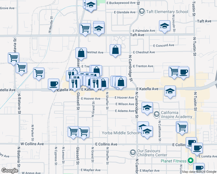 map of restaurants, bars, coffee shops, grocery stores, and more near 1300 North Shaffer Street in Orange