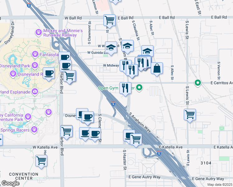 map of restaurants, bars, coffee shops, grocery stores, and more near 27 West Cerritos Avenue in Anaheim