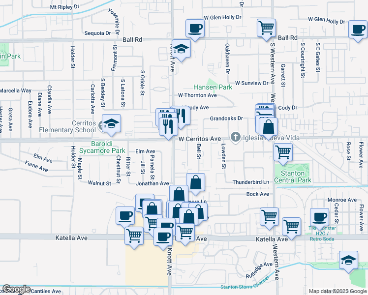 map of restaurants, bars, coffee shops, grocery stores, and more near 7053 West Cerritos Avenue in Stanton