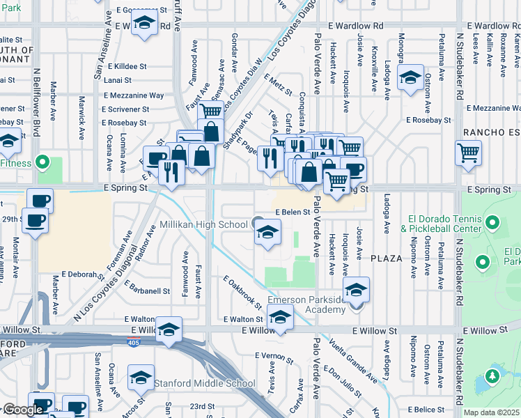 map of restaurants, bars, coffee shops, grocery stores, and more near 2966 Snowden Avenue in Long Beach