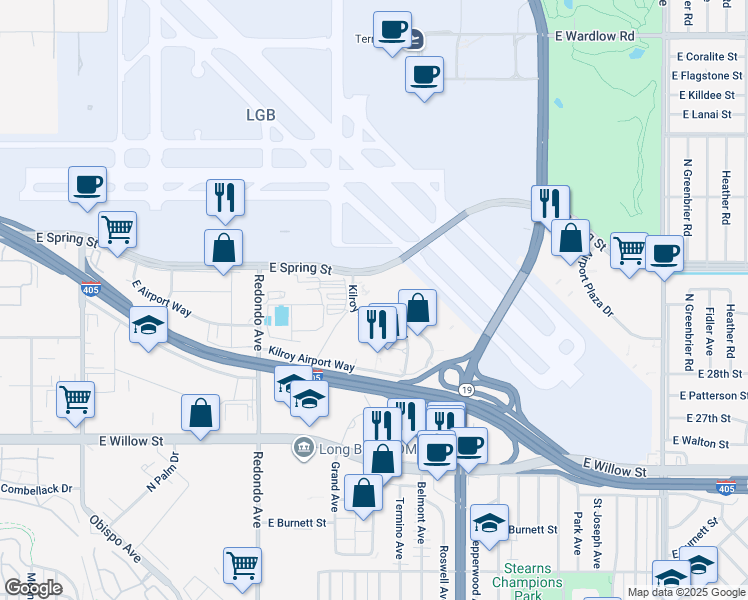 map of restaurants, bars, coffee shops, grocery stores, and more near 3880 Kilroy Airport Way in Long Beach