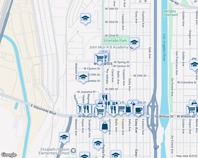 map of restaurants, bars, coffee shops, grocery stores, and more near 1749 West 29th Street in Long Beach