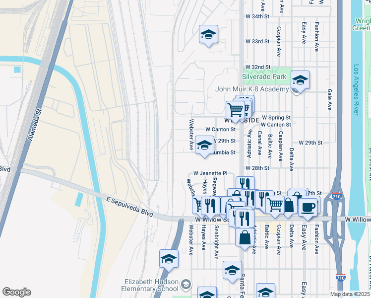 map of restaurants, bars, coffee shops, grocery stores, and more near 2151 West 29th Street in Long Beach