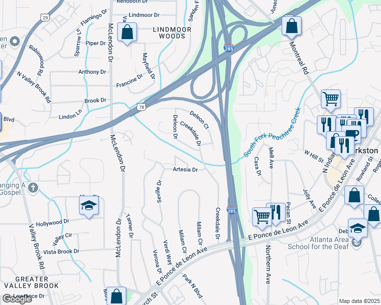 map of restaurants, bars, coffee shops, grocery stores, and more near 1030 Deleon Drive in Clarkston