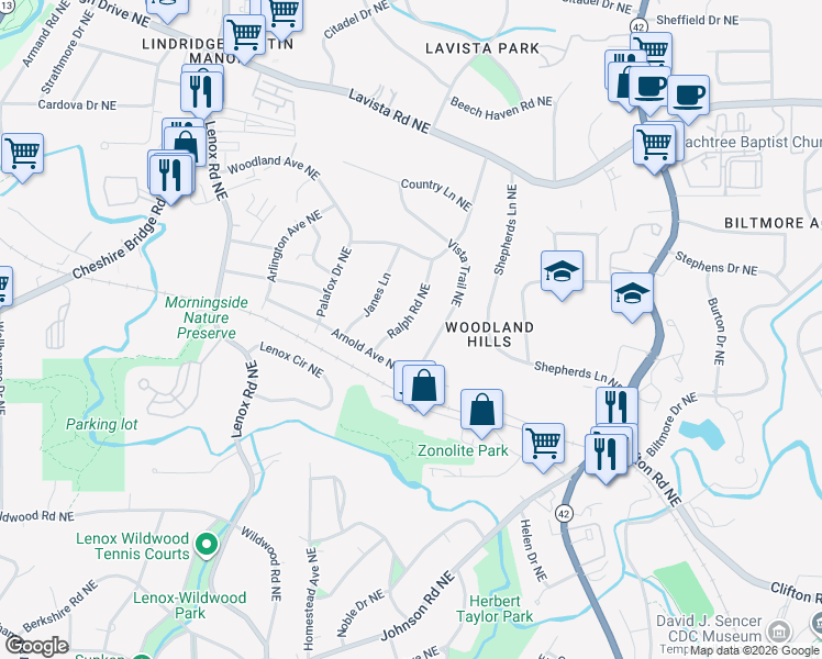 map of restaurants, bars, coffee shops, grocery stores, and more near 1077 Ralph Road Northeast in Atlanta