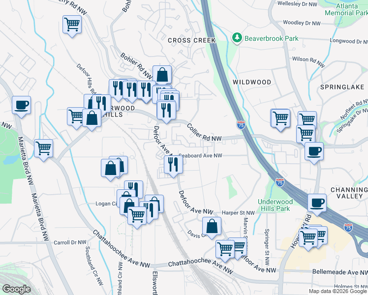 map of restaurants, bars, coffee shops, grocery stores, and more near 1150 Collier Road Northwest in Atlanta
