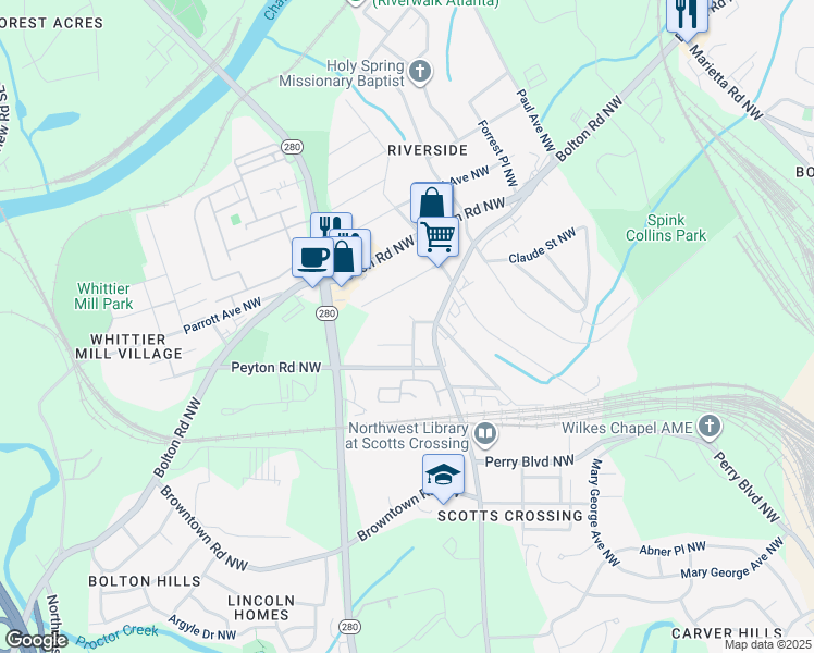 map of restaurants, bars, coffee shops, grocery stores, and more near 1988 Hollywood Road Northwest in Atlanta