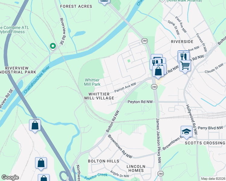 map of restaurants, bars, coffee shops, grocery stores, and more near 2874 Burden Street Northwest in Atlanta