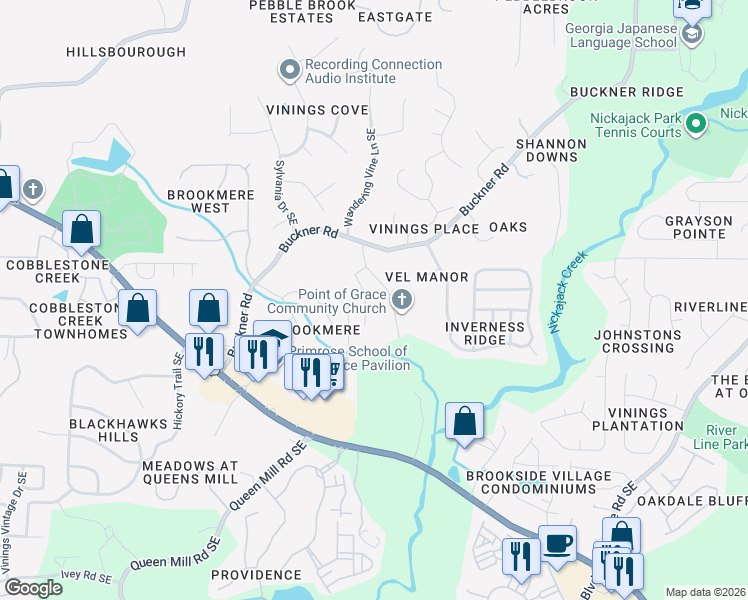 map of restaurants, bars, coffee shops, grocery stores, and more near 1004 Highland Village Trail in Mableton
