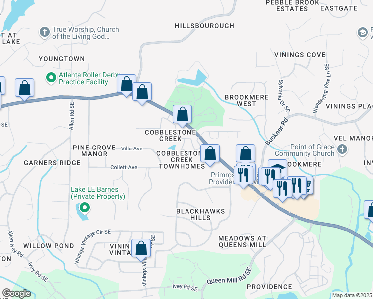 map of restaurants, bars, coffee shops, grocery stores, and more near 5984 Cobblestone Creek Trail in Mableton