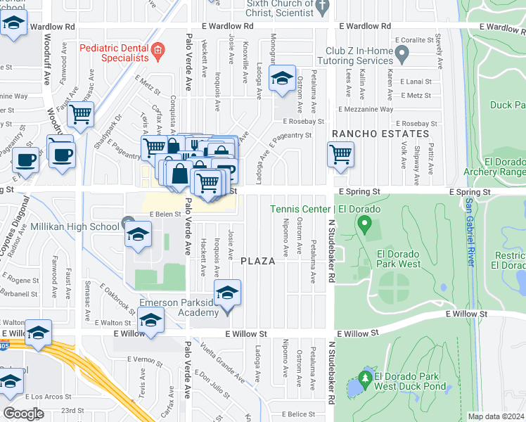 map of restaurants, bars, coffee shops, grocery stores, and more near 2928 Ladoga Avenue in Long Beach