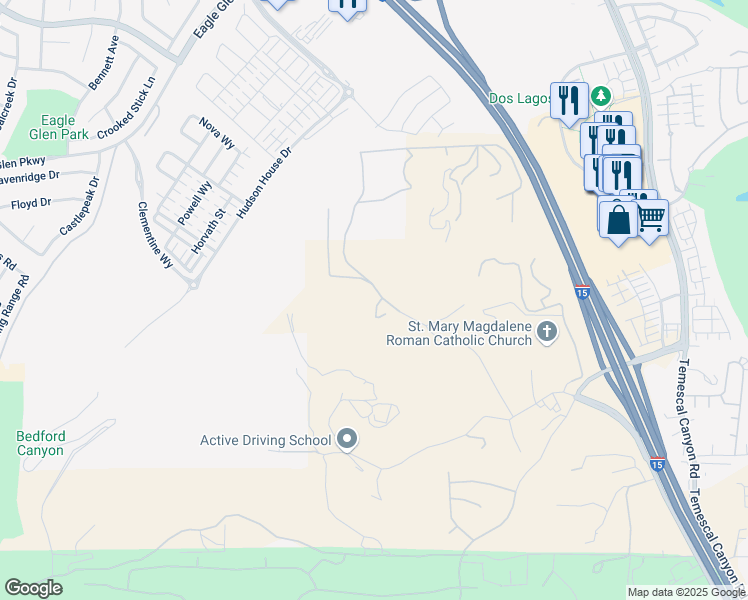 map of restaurants, bars, coffee shops, grocery stores, and more near 8053 North Weirick Road in Corona