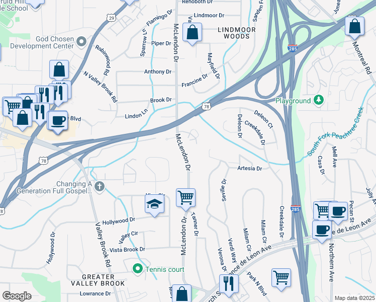 map of restaurants, bars, coffee shops, grocery stores, and more near 1049 McLendon Drive in Decatur