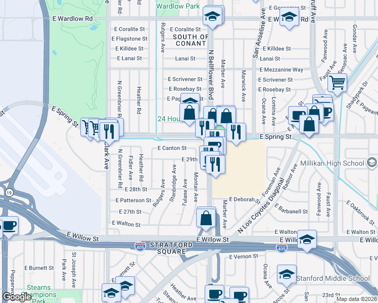 map of restaurants, bars, coffee shops, grocery stores, and more near 5475 East Canton Street in Long Beach