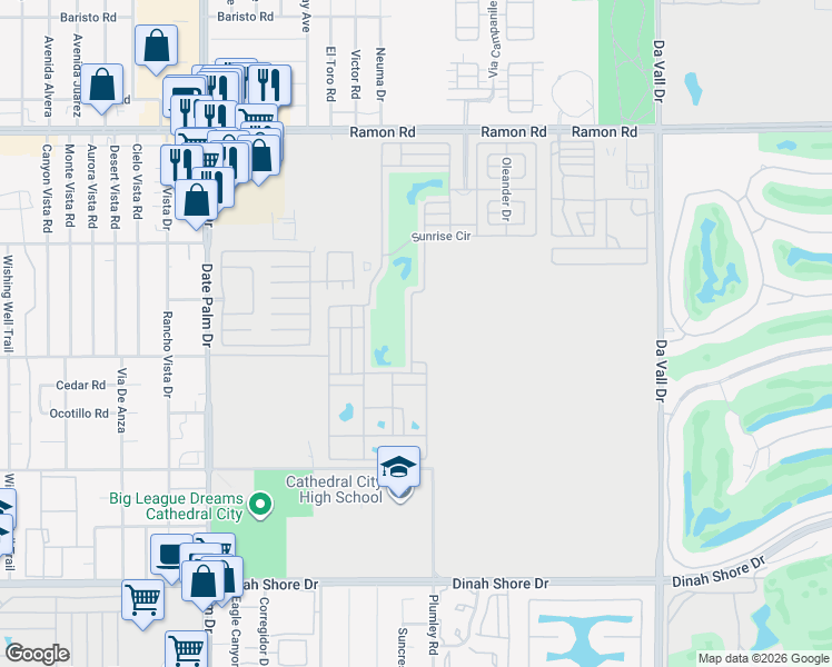 map of restaurants, bars, coffee shops, grocery stores, and more near Golf Course Dr in Cathedral City
