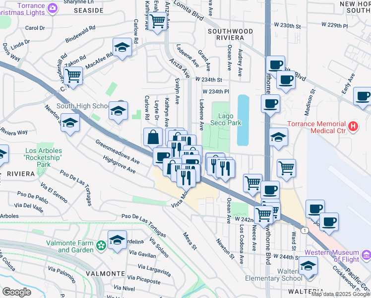 map of restaurants, bars, coffee shops, grocery stores, and more near 23825 Anza Avenue in Torrance