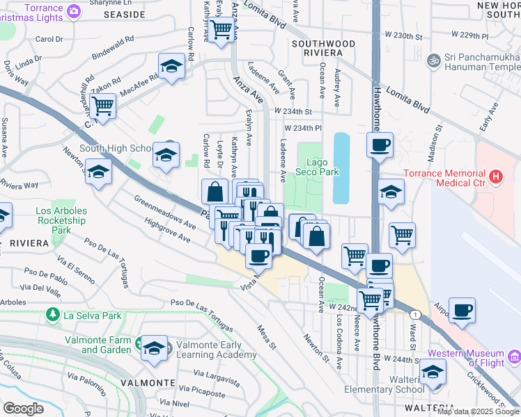 map of restaurants, bars, coffee shops, grocery stores, and more near 23825 Anza Avenue in Torrance