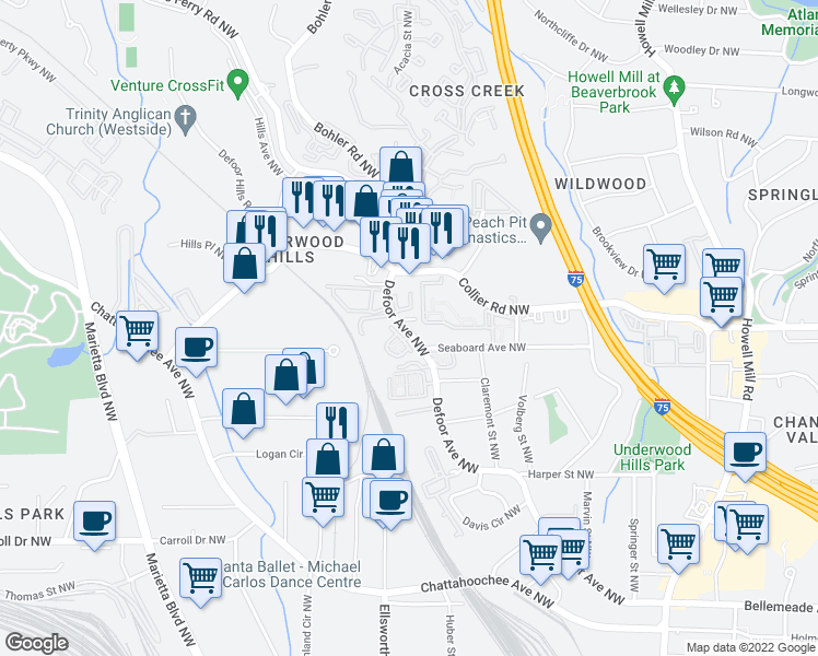 map of restaurants, bars, coffee shops, grocery stores, and more near 1985 Defoor Avenue Northwest in Atlanta