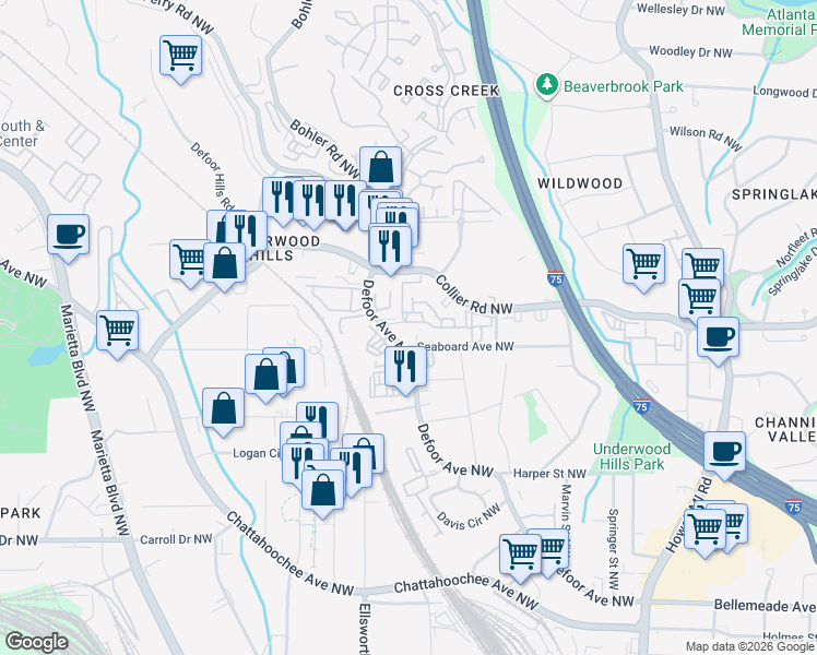 map of restaurants, bars, coffee shops, grocery stores, and more near 1150 Collier Road Northwest in Atlanta