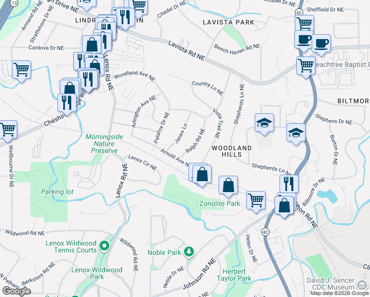 map of restaurants, bars, coffee shops, grocery stores, and more near 1099 Janes Lane in Atlanta