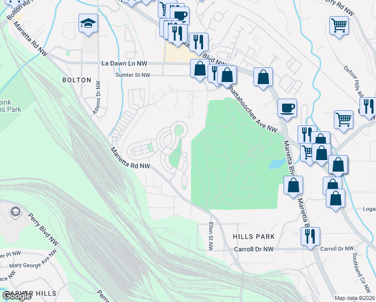 map of restaurants, bars, coffee shops, grocery stores, and more near 1662 Gilstrap Lane Northwest in Atlanta