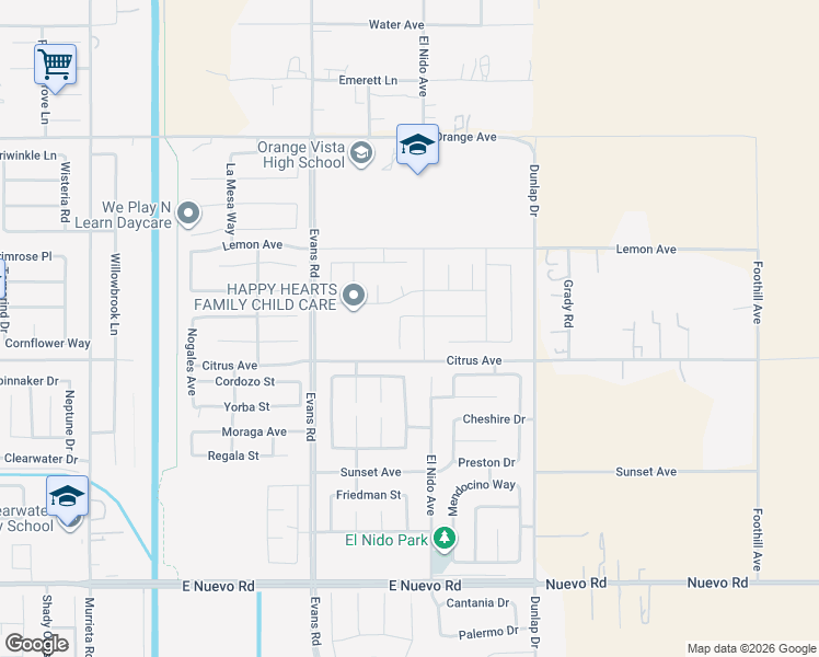 map of restaurants, bars, coffee shops, grocery stores, and more near 2051 Fernetta Pl in Perris
