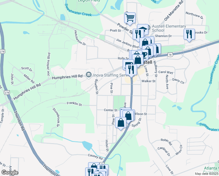 map of restaurants, bars, coffee shops, grocery stores, and more near 2945 Jefferson Street in Austell