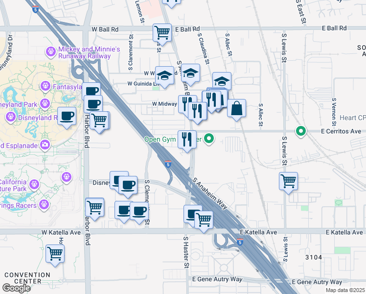 map of restaurants, bars, coffee shops, grocery stores, and more near 1206 West Cara Drive in Anaheim