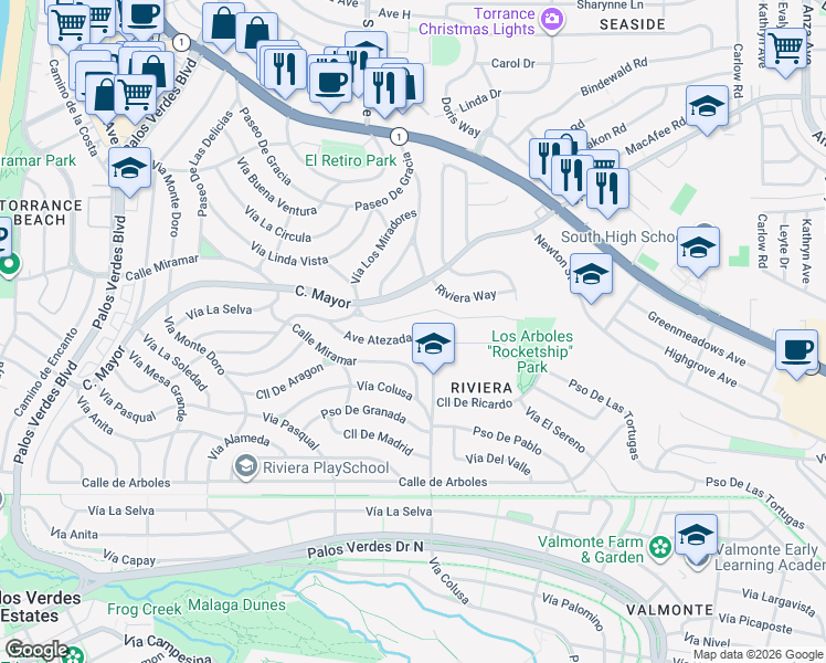 map of restaurants, bars, coffee shops, grocery stores, and more near 341 Avenue Atezada in Redondo Beach