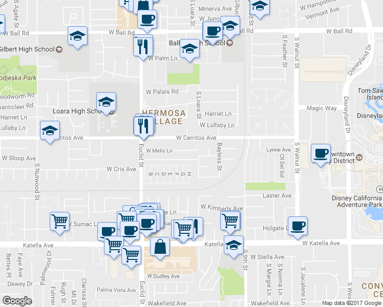 map of restaurants, bars, coffee shops, grocery stores, and more near 1602 West Mells Lane in Anaheim