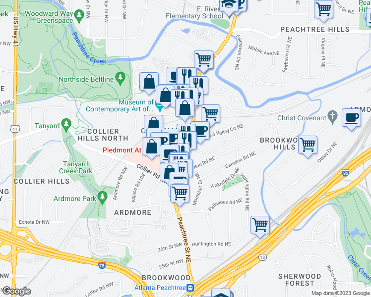 map of restaurants, bars, coffee shops, grocery stores, and more near 2025 Peachtree Street Northeast in Atlanta
