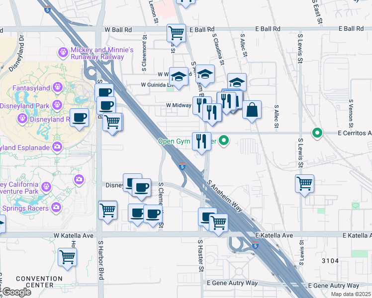 map of restaurants, bars, coffee shops, grocery stores, and more near 1502 West Cara Drive in Anaheim