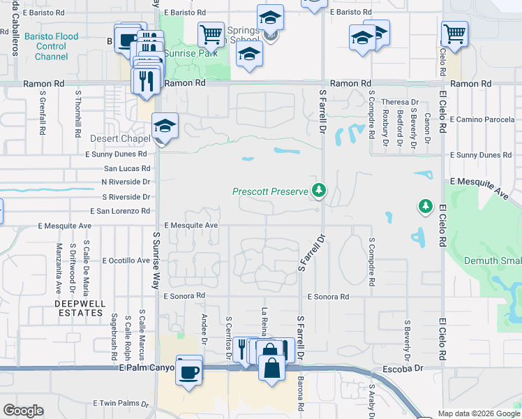 map of restaurants, bars, coffee shops, grocery stores, and more near 2224 Casitas Way in Palm Springs