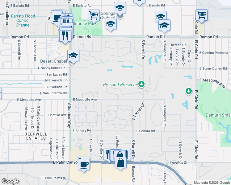 map of restaurants, bars, coffee shops, grocery stores, and more near 2224 Casitas Way in Palm Springs