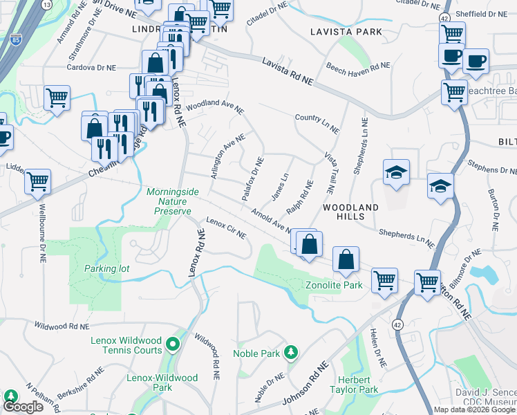 map of restaurants, bars, coffee shops, grocery stores, and more near 1080 Janes Lane in Atlanta