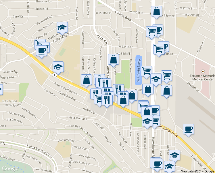 map of restaurants, bars, coffee shops, grocery stores, and more near 23804 Anza Avenue in Torrance