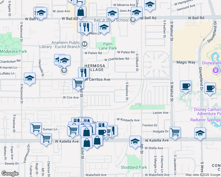 map of restaurants, bars, coffee shops, grocery stores, and more near 1602 West Mells Lane in Anaheim