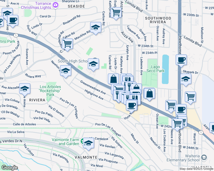map of restaurants, bars, coffee shops, grocery stores, and more near 4475 Pacific Coast Highway in Torrance