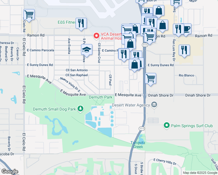 map of restaurants, bars, coffee shops, grocery stores, and more near 950 Calle Paul in Palm Springs